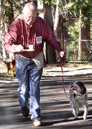 man walks dog on loose leash